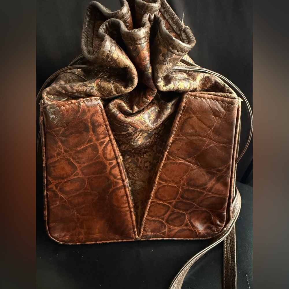 80s Brown Leather Box Bag Reptile Embossed Marble Ruched Drawstring Crossbody - Picture 6 of 8